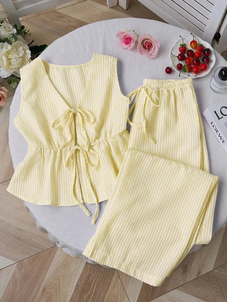 2026 Summer Two Piece Set Women Striped V Neck Lace Up Sleeveless