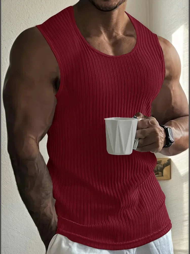 Men's Gym Stripe Tank Top Breathable Sleeveless Shirt Sports