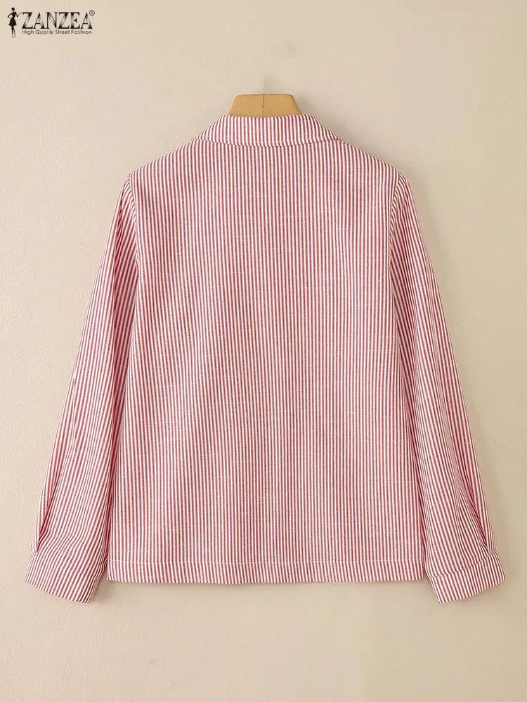 Fashion Autumn Stripe Blouse ZANZEA Women Shirt Elegant Lapel Neck