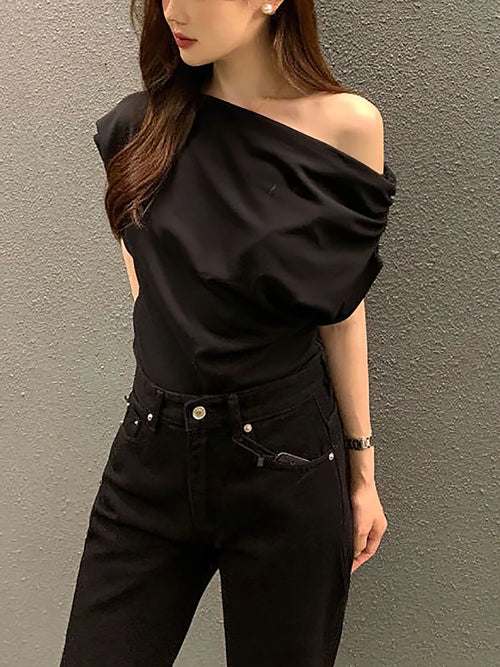 Korean Elegant Summer Off shoulder Top Women One shoulder Loose Casual