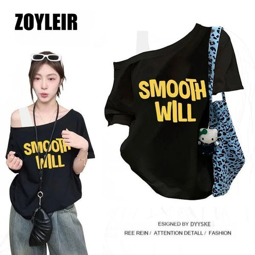 Elegant Summer One Shoulder T Shirt Women Fake Two-piece Oversize