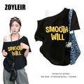 Elegant Summer One Shoulder T Shirt Women Fake Two-piece Oversize