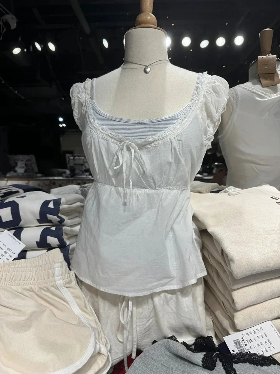Sweet Lace-up Camisoles Blouse Women Summer Lace Trim Square Collar