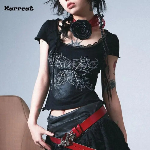 Karrcat Japanese Y2k Tattoo Print T-shirt Grunge Aesthetics Lace