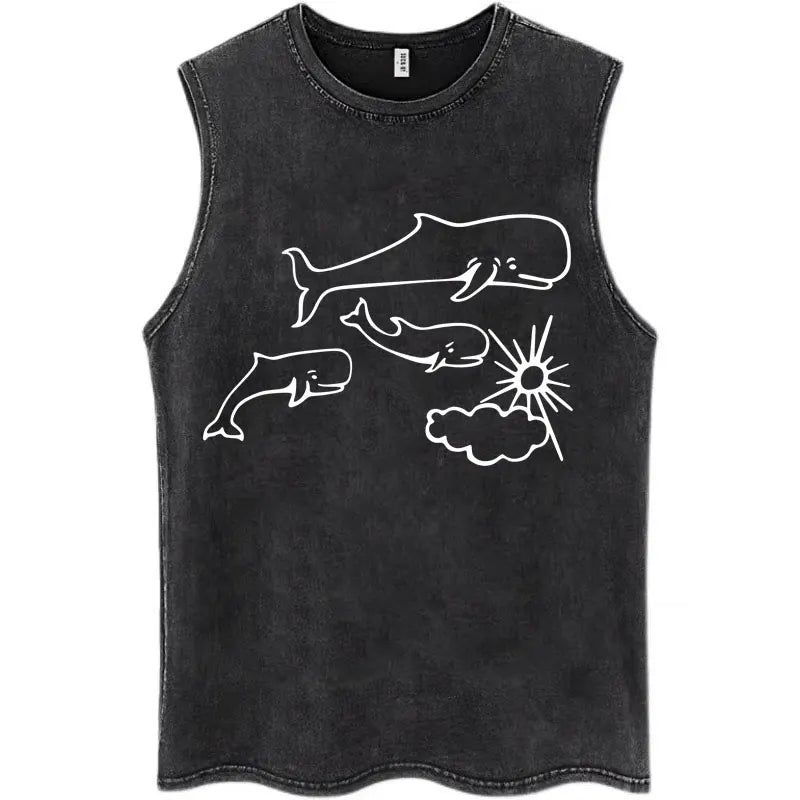 Whales and Sun Tattoo By Robe De Extremoduro Washed Tank Tops Men
