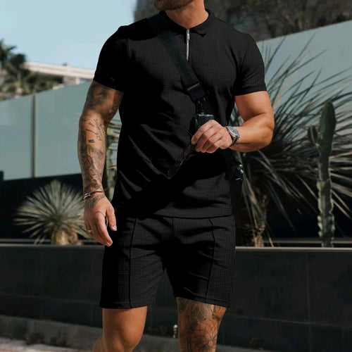 Men's Comfortable Short-Sleeved Waffle Polo Shirt And Shorts Set -