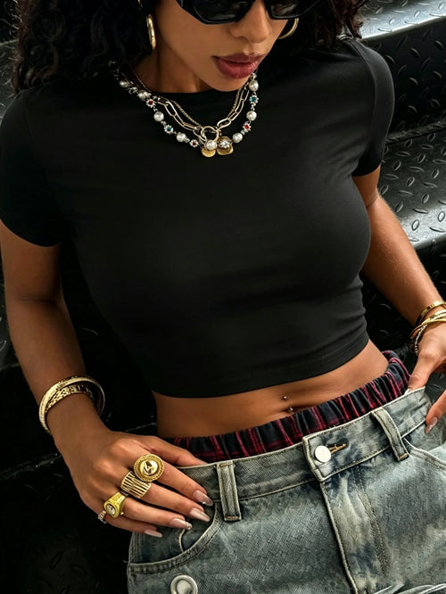 Solid Color Korean Dancing Women'S Crop T-Shirt Summer Casual T Shirt