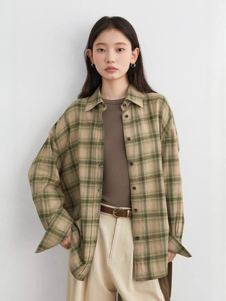 CHIC VEN Women Shirts Loose Casual New Sanding Plaid Shirt Long Sleeve