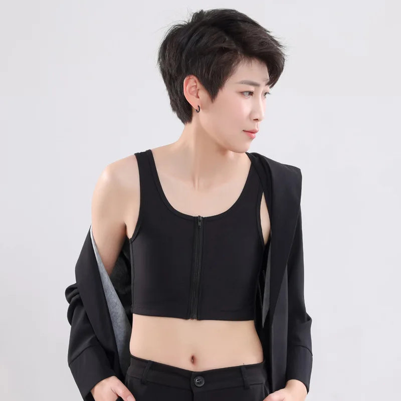 Chest Breast Binder Trans Crop Top Bandage Front Zipper Flat Breast