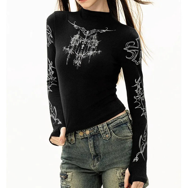 Grunge Women T-Shirt Y2k Aesthetics Half high neck Tees Graphical