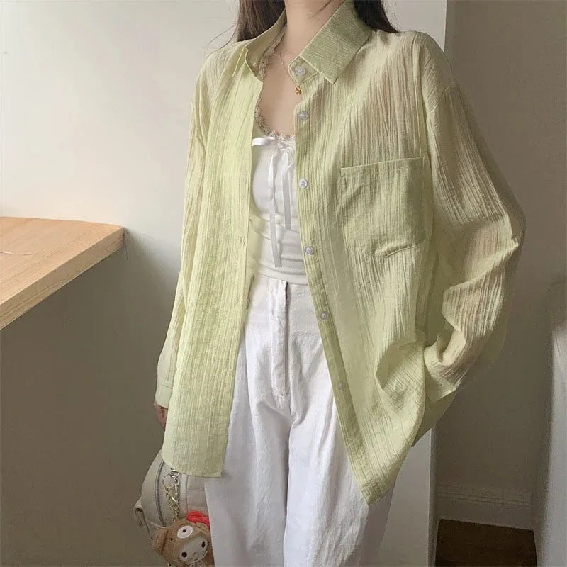 Women's Summer Sun Protection Shirts Casual Loose with Pocket Chiffon