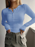 Women's Plain Half Button Front Ribbed Tee, Fashion Top, Casual Fit