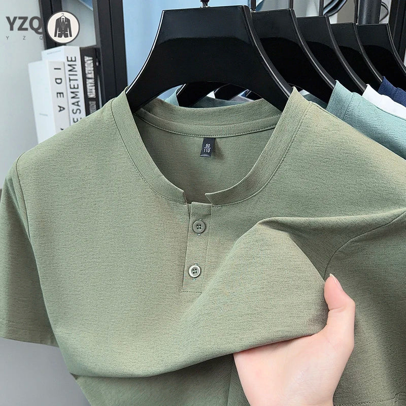 High elastic mens plain henley short sleeve shirt soft knit thin split
