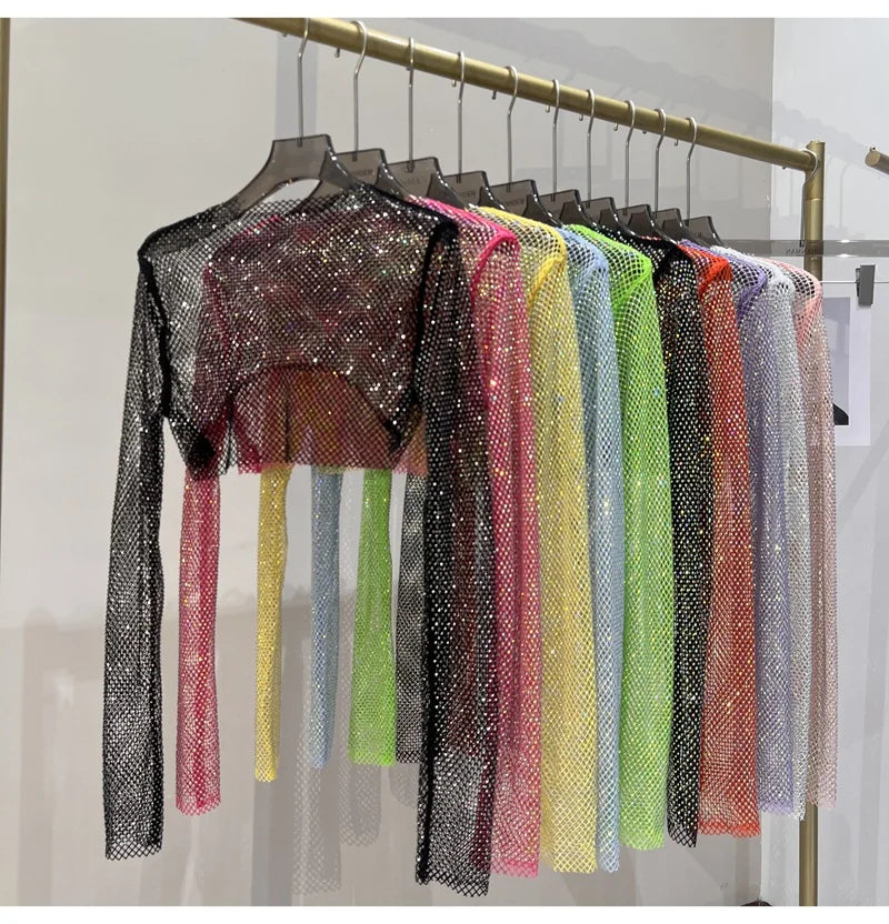 2025 New Summer Sexy Bright Diamond Short Thin Tops Slim  Hot Drill