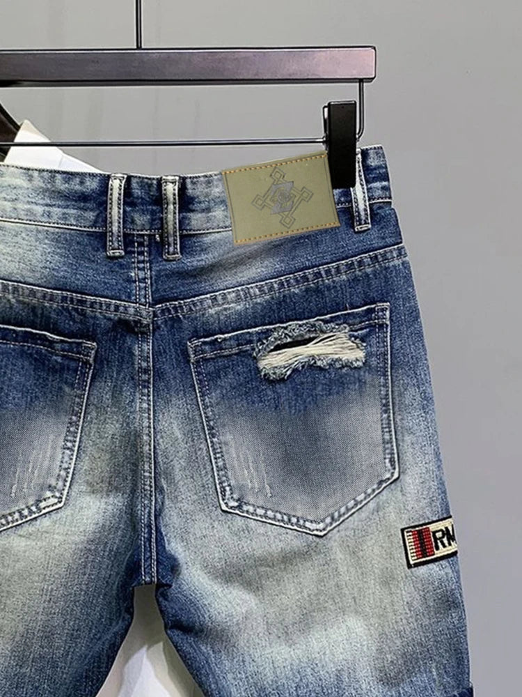 New Trendy Brand Men's Denim Shorts Blue Ripped Style Slim Fit