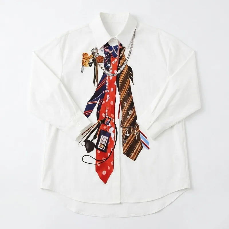 Yeezzi 2026 New Trendy Tie Printed White Shirts For Women Puff Sleeves