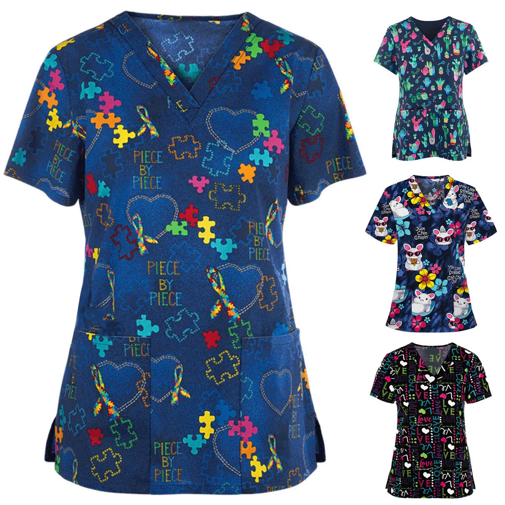 Women Working Uniform Animal Print Cartoon Cat Dog Short Sleeve V-neck
