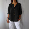 Summer Loose Shirt Women's V-Neck Cotton Linen Button Top Casual