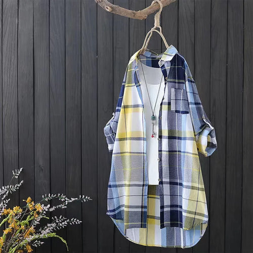Plaid Cotton Mid Length Blouses Women 2023 Autumn  Long Sleeve Elegant