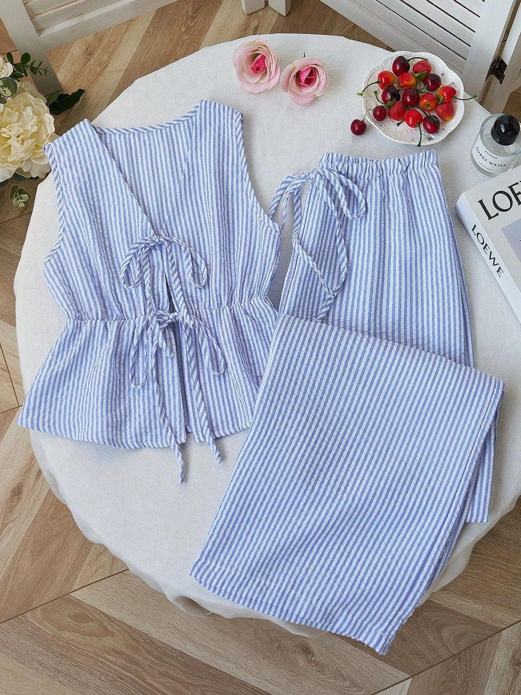 2026 Summer Two Piece Set Women Striped V Neck Lace Up Sleeveless