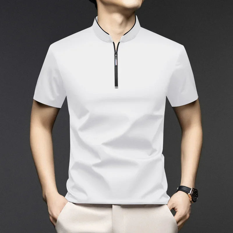 2025 New Men's Casual Fashion Zipper Solid Color Short Sleeved Polo