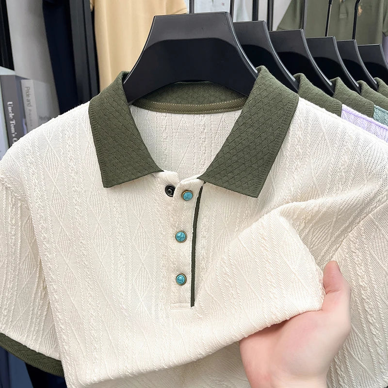 Luxury summer breathable knitted short sleeve polo shirt men new retro