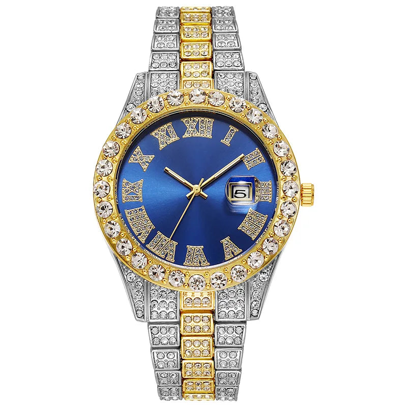 Luxury Hip Hop Stainless Steel Gold Color Calendar Watch For Men Iced