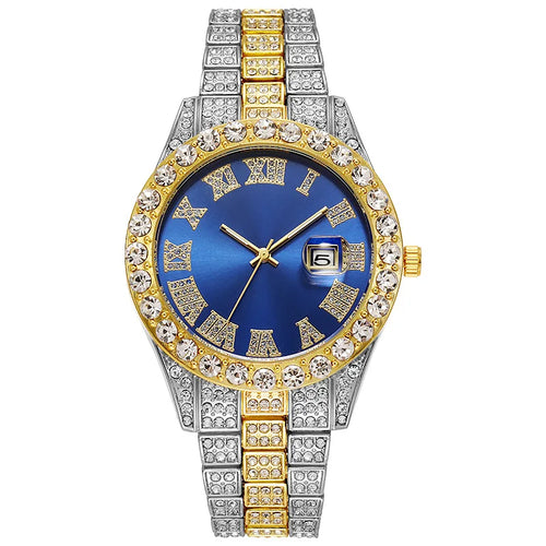 Luxury Hip Hop Stainless Steel Gold Color Calendar Watch For Men Iced