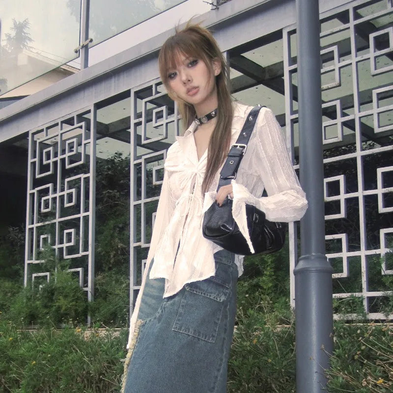 Karrram Y2k Aesthetics Pleated Shirt Fairycore Lace Up Blouse Trashy