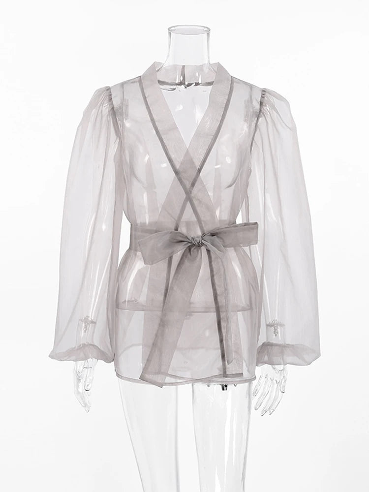2023 Spring Summer Women Elegant Long Sleeve Solid Grey Mesh Shirt