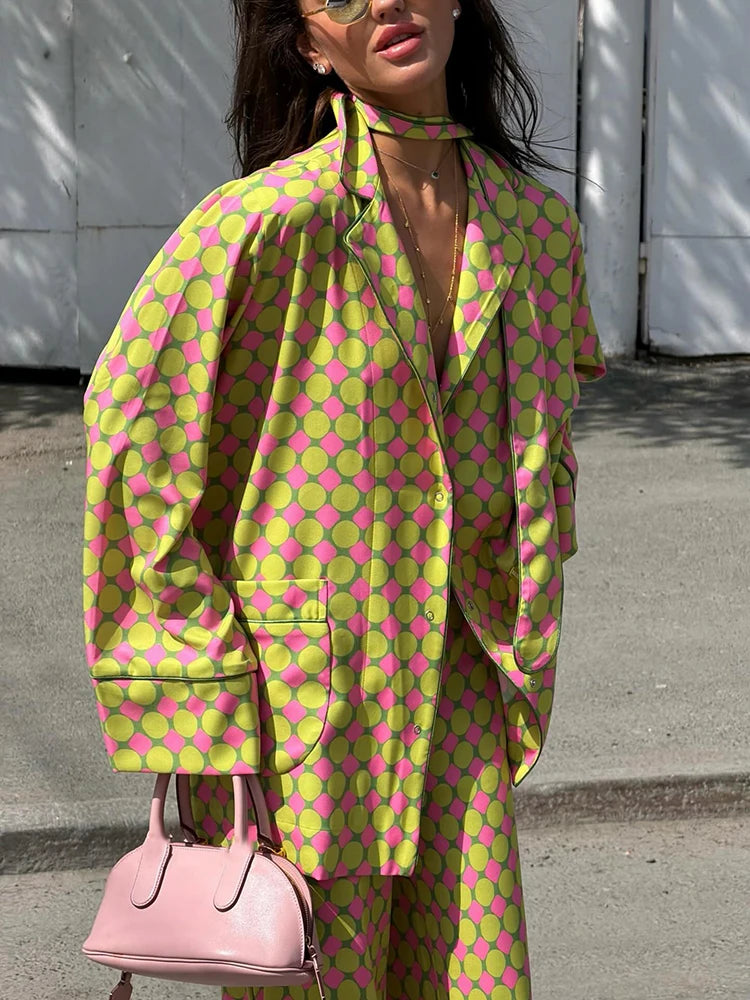 Vintage Women's Printed Blouses Pants Sets Loose Laple Long Sleeve