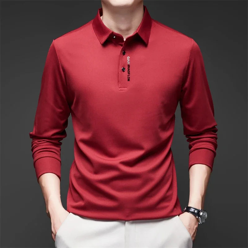 New Men's Business Casual Long Sleeved Shirt with Badge Solid Color