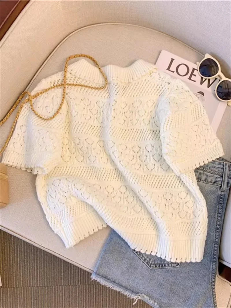 Sweet Sle Short Sleeve Knitted Shirt 2025 New Summer Hollow Out