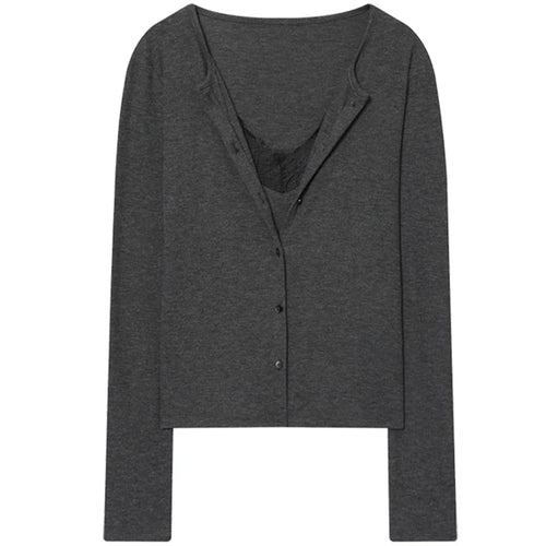 HXAO Cropped Lace Top Woman Blouses Autumn Grey Beige Shirts & Blouses