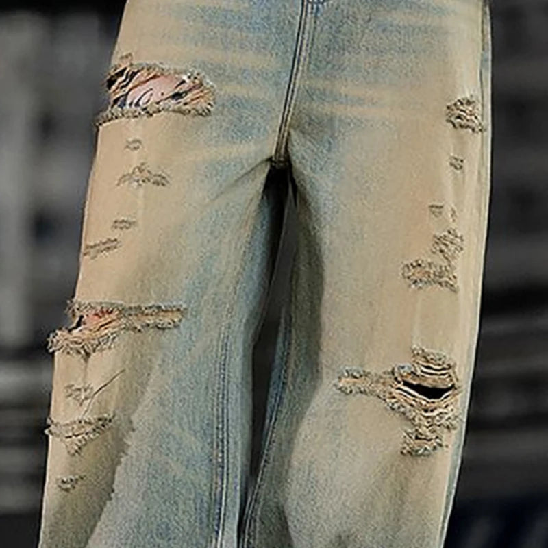 Fashionable Ripped Men's Jeans High Street Vintage Washed Pure Cotton