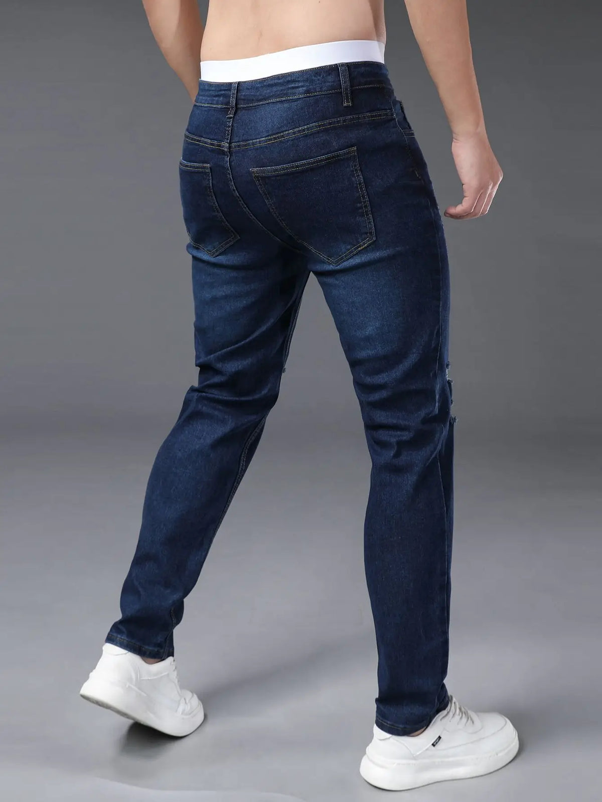 Men's plus size tight jeans with elastic holes, fashionable slim fit,