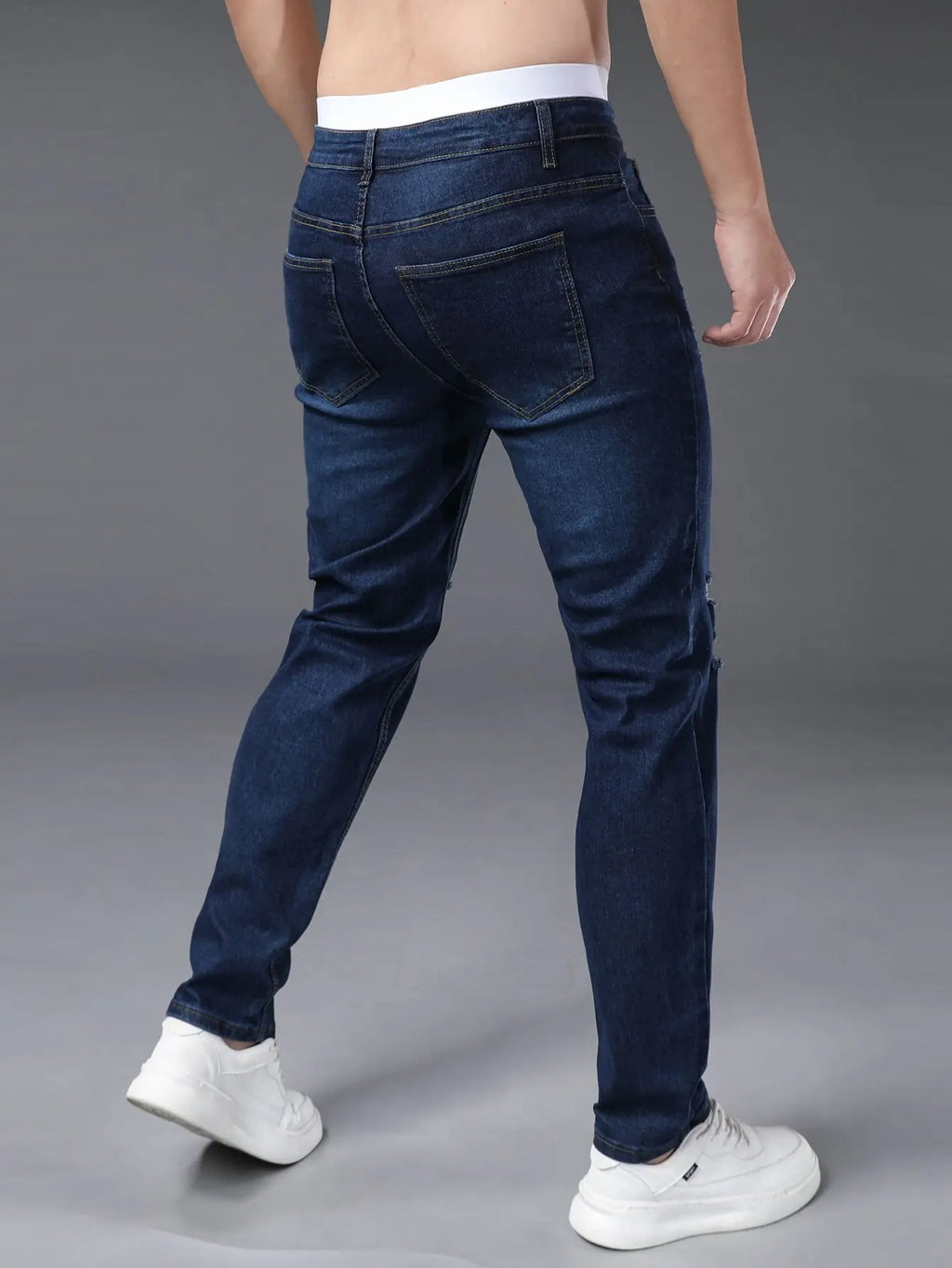 Men's plus size tight jeans with elastic holes, fashionable slim fit,
