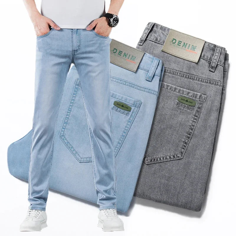 Men's Summer Thin Lyocell Jeans Soft Stretch Slim Straight Leg Denim
