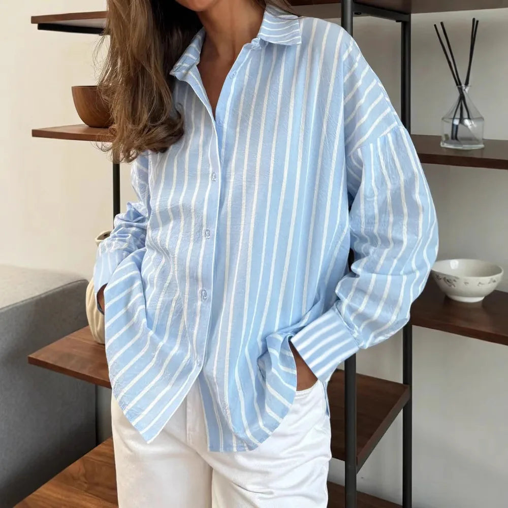 Oversized Striped Shirts & Blouses Loose Fit Casual Fashion Turn down