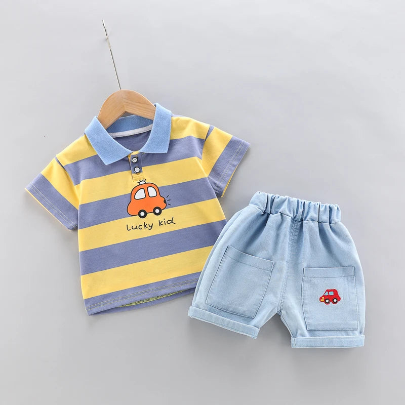 High-Quality Baby boys Polo Shirt + Handsome Denim Shorts 2-Piece Set