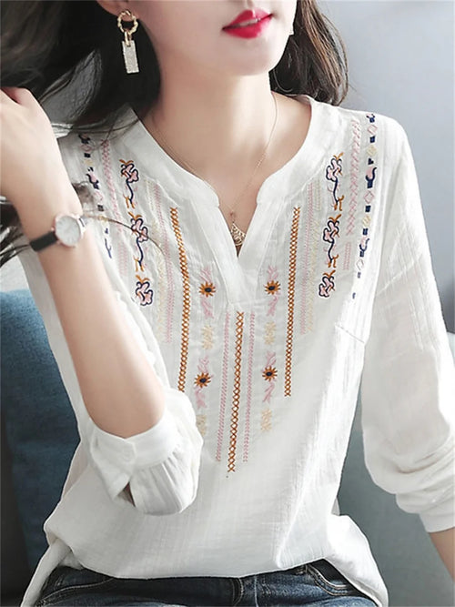 Women Spring Autumn White Blouses Tops Lady Casual Embroidery V-Neck