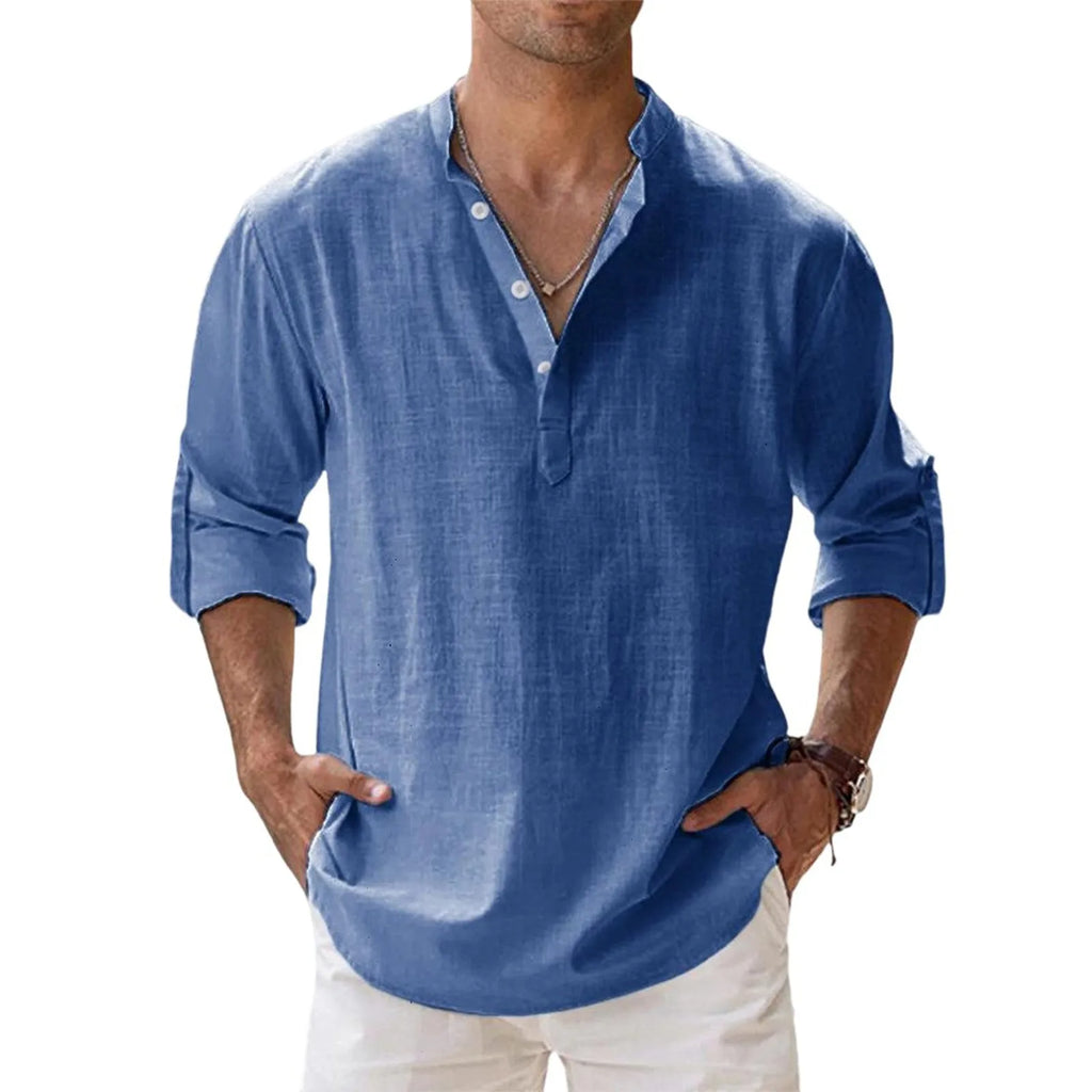 Men's cotton and linen stand-up collar Henley shirt loose-fitting