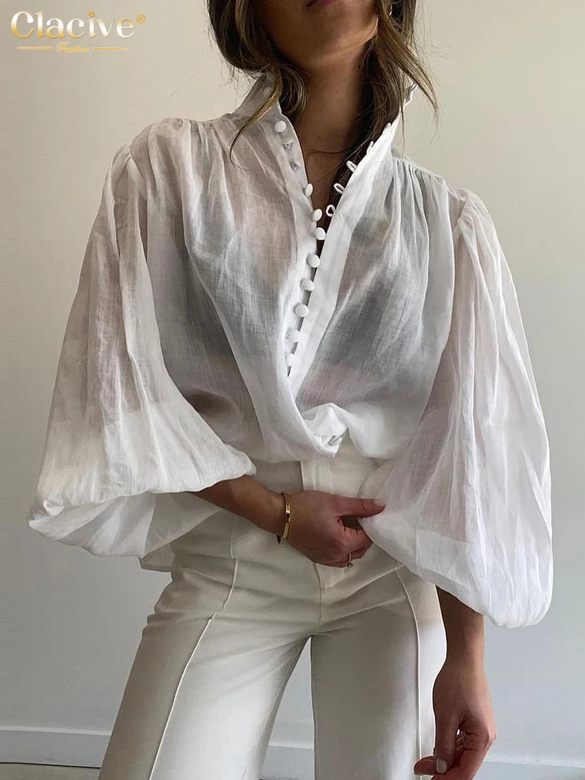 Clacive Fashion White Cotton Woman Blouse 2024 Elegant Stand Collar