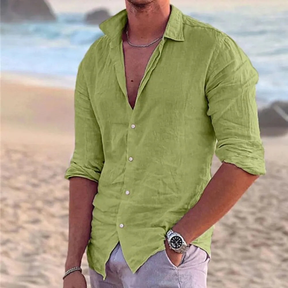 2023 New Men's Shirt Cotton linen Fashion Casual Polo Neck Beach Shirt