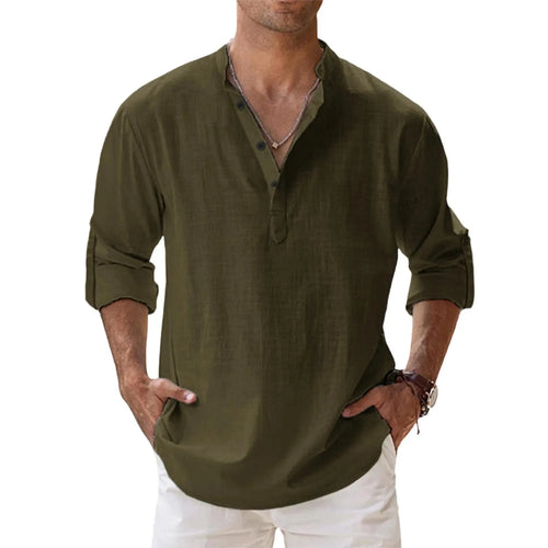 Men's cotton and linen stand-up collar Henley shirt loose-fitting