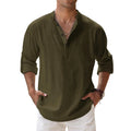 Men's cotton and linen stand-up collar Henley shirt loose-fitting