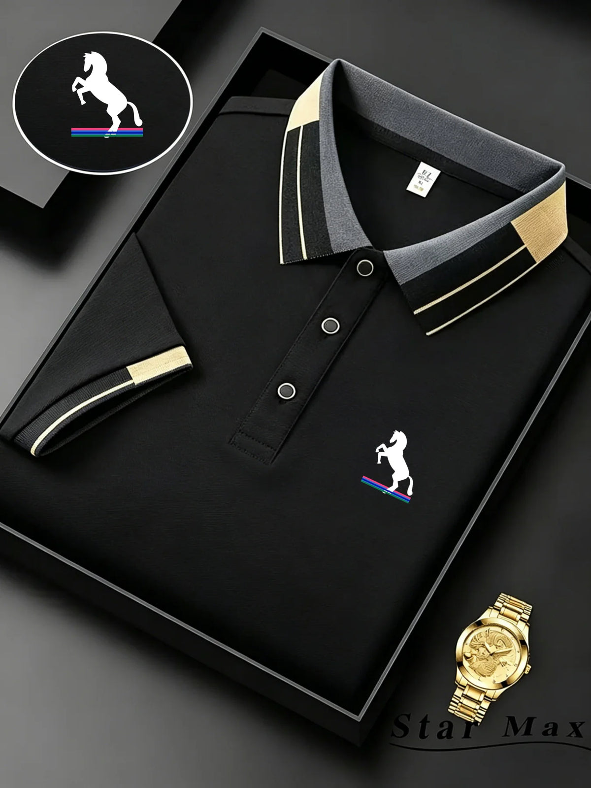 Mens Milano Italy Horse Logo Color Block Polo Shirt Breathable Soft
