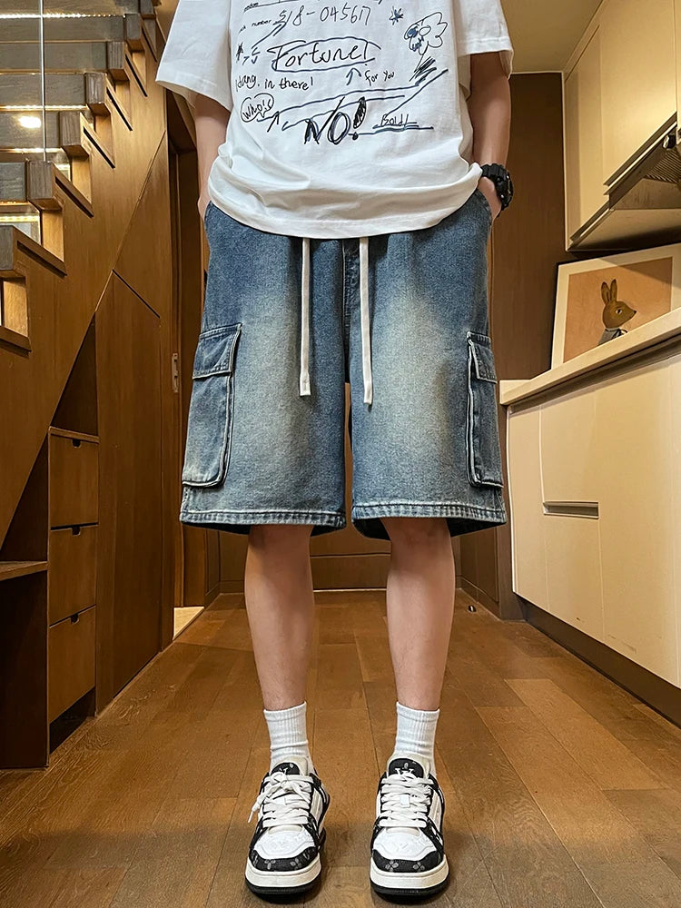 Summer Men's Cargo Denim Shorts Baggy Straight Fashion Casual Wide Leg