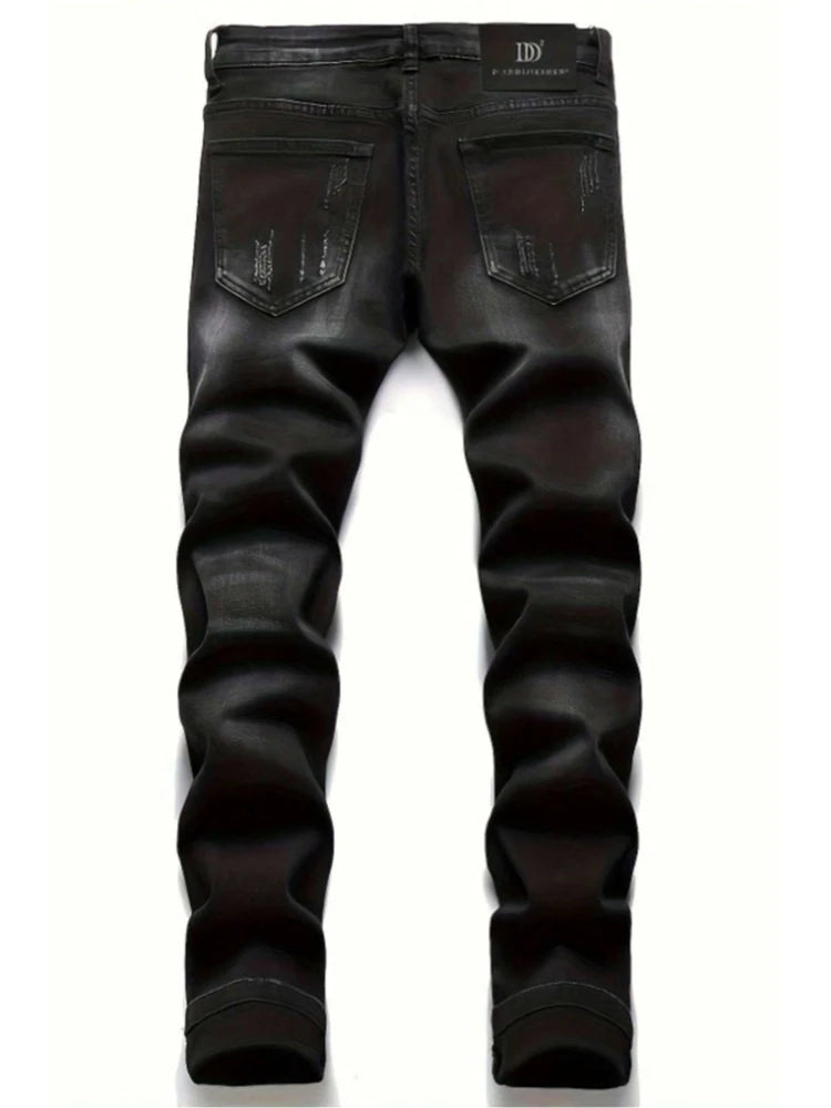 Men's Black Distressed Jeans Skull Patch & Embroidery Letter Print