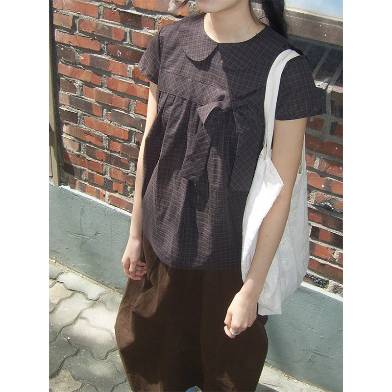 Vintage Plaid Shirts Women Japanese Harajuku Bow Peter Pan Collar